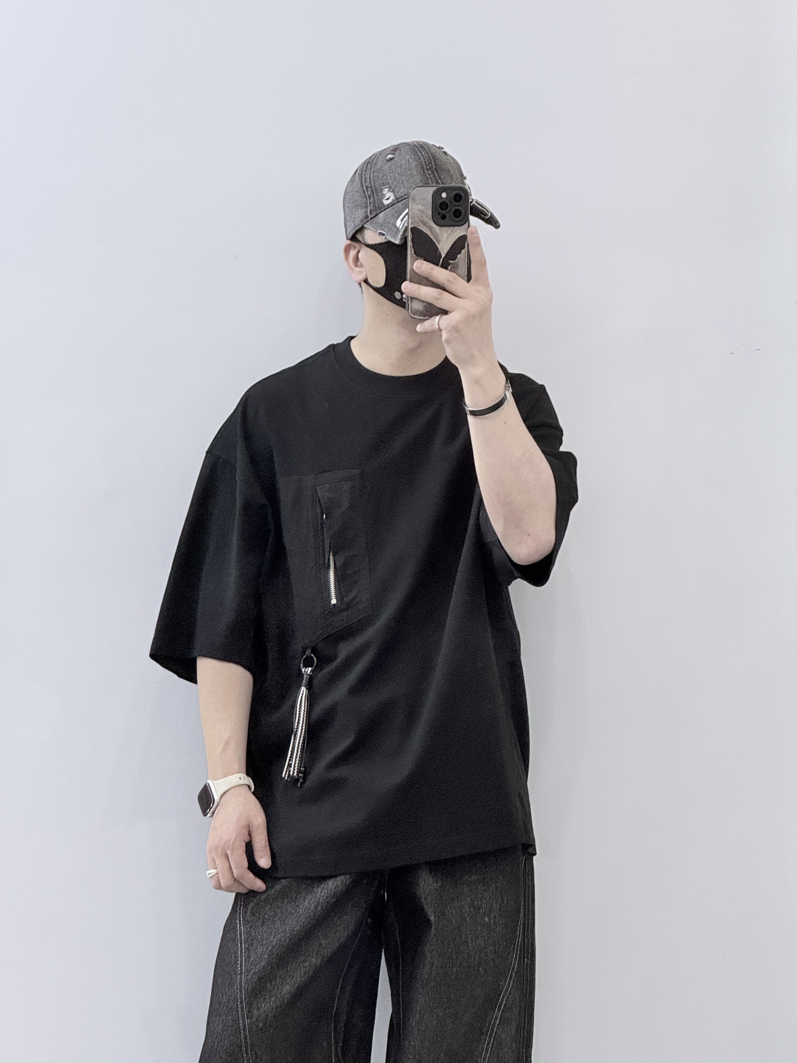 潮牌美式高街拉链口袋短袖男夏季宽松休闲百搭圆领廓形T恤上衣