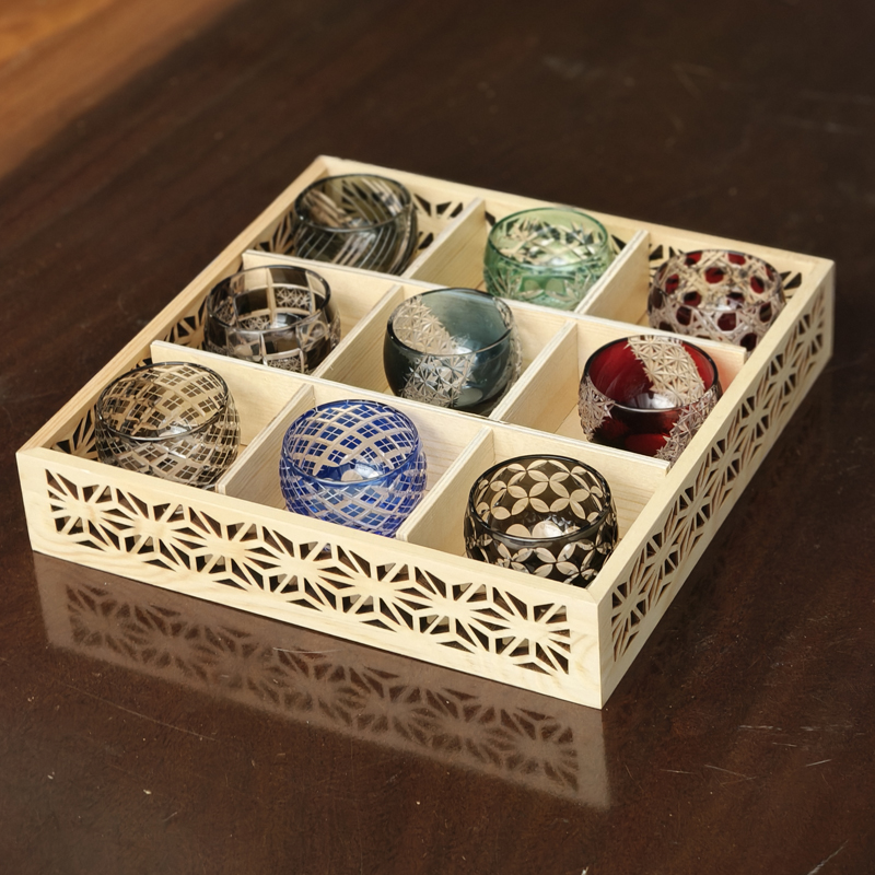 日式江沪切子清酒杯家用果酒杯手工雕刻杯烧酒杯九宫格甜酒杯套装