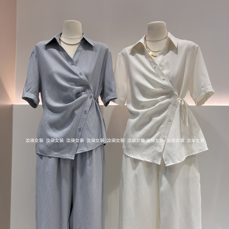 夏季棉麻衬衫阔腿裤显瘦女套装
