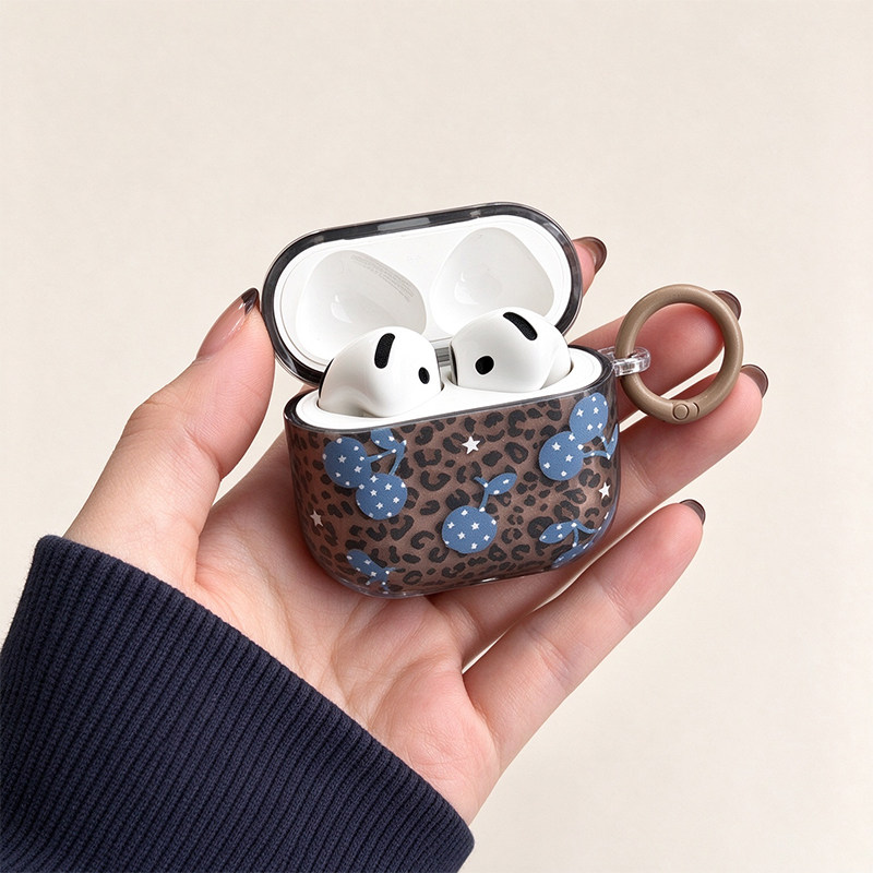 豹纹樱桃适用苹果airpods Pro3耳机保护套防摔带挂环耳机壳airpods4/5代二代三代套蓝牙耳机外壳Pro3半透女款