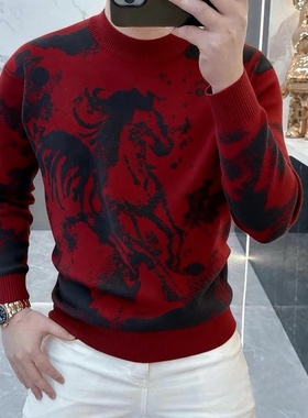 高档圆领红色马年提花针织衫毛衣男士秋冬时尚保暖打底衫男装8871