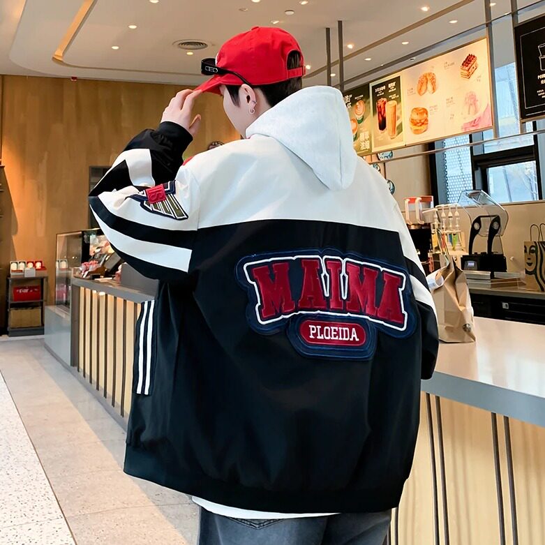 男生春装新款时尚潮牌棒球领夹克港风刺绣帅气撞色拼接飞行服外套