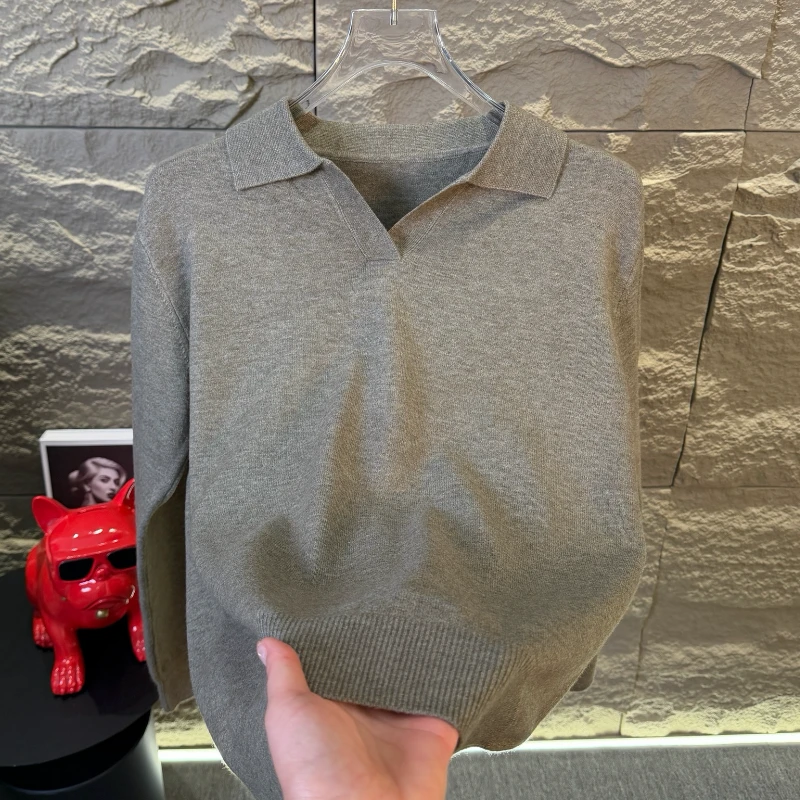 高档休闲小V领秋冬款男士亲肤Polo领针织长袖纯色百搭打底衫毛衣