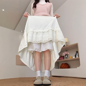 白色毛绒针织半身裙女春秋季 高腰a字长裙大码 胖mm显瘦蕾丝蛋糕裙