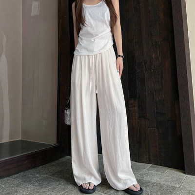 亚麻阔腿裤女2026夏季薄款高腰垂感宽松休闲小个子慵懒本麻弯刀裤