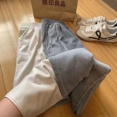 天丝直筒牛仔裤女夏季薄款宽松大码胖mm松紧腰小个子冰丝阔腿裤子