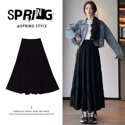 黑色半身裙子女春夏2026新款高腰a字显瘦中长裙小个子蓬蓬蛋糕裙