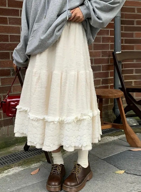 蕾丝拼接蛋糕裙毛绒冬季半身裙女2026春夏季新款宽松气质a字长裙