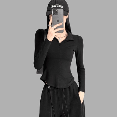 半拉链黑色长袖打底衫女外穿春秋冬2025新款修身显瘦内搭T恤上衣