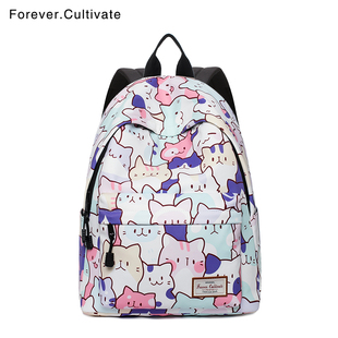 印花双肩背包女2025新款高颜值校园书包女大学生上课包可爱百搭