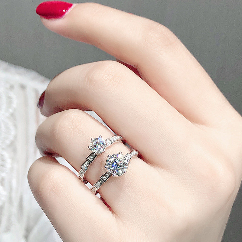 莫桑钻石1克拉蛇骨六爪钻戒18K白金戒指PT950铂金指环奢华女婚戒