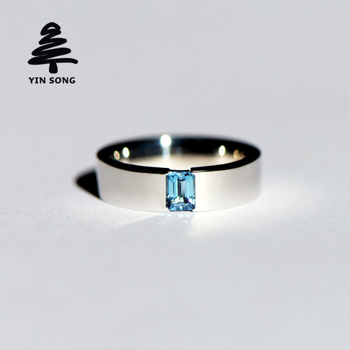 半包镶八角海蓝宝戒指 银松925银镶天然宝石圣玛利亚色男款首饰
