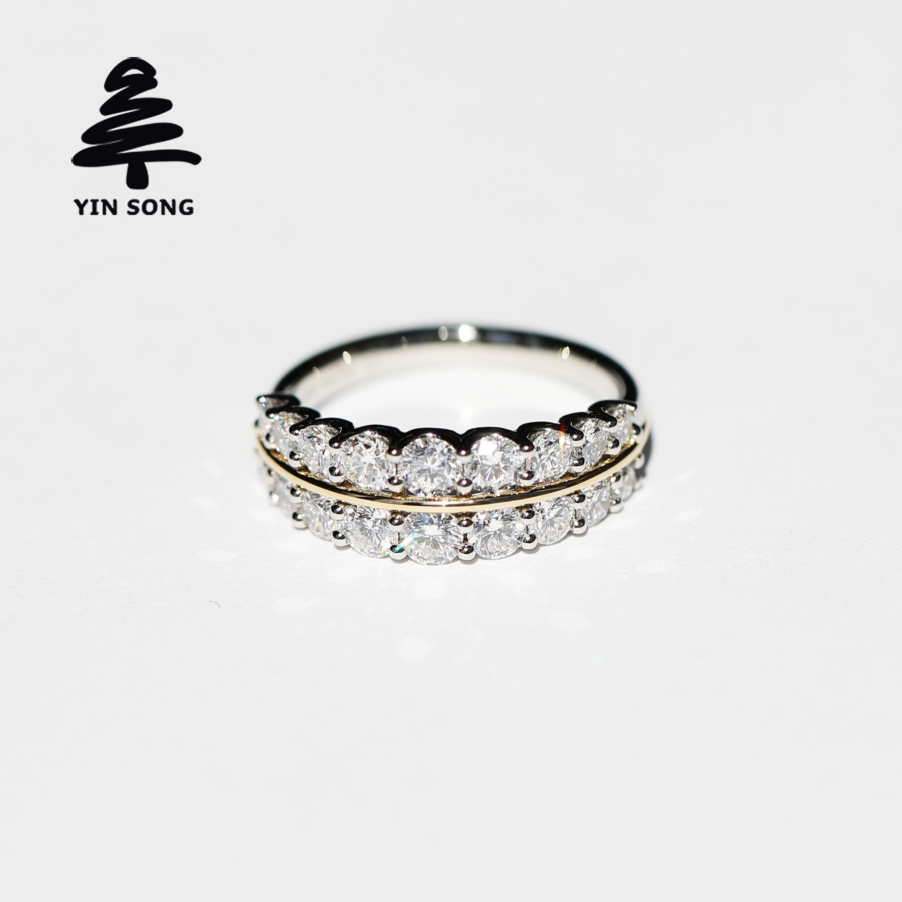 双排镶圆形培育钻戒指 银松Pt900铂金+18K黄金 真分色钻石女戒