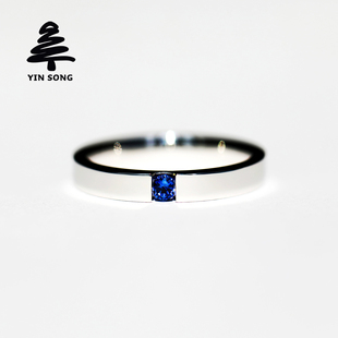 张力镶圆形蓝宝石戒指 银松925银天然皇家蓝宝石男女情侣对戒高级