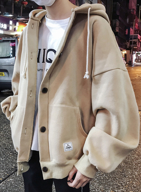 开衫卫衣男清仓捡漏潮牌男装2023年秋冬季宽松连帽加绒外套上衣服