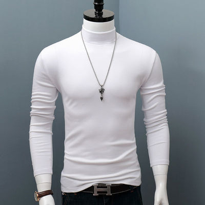 纯棉半高领打底衫男士长袖秋冬修身中领t恤韩版纯色厚款保暖秋衣
