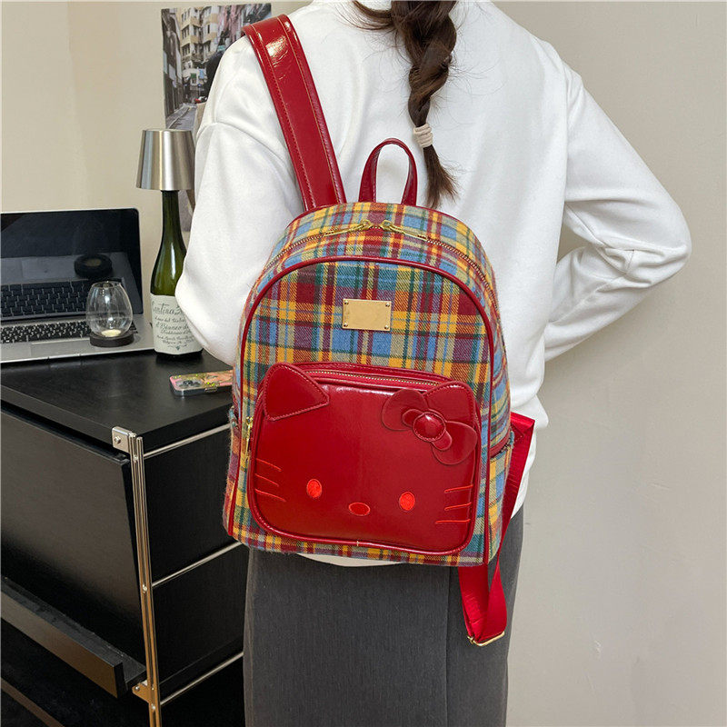 2025韩版高颜值可爱卡通格子款大容量猫咪双肩包男女童研学书包潮