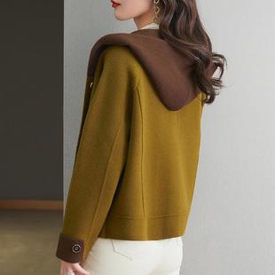 连帽开衫双面羊绒大衣女小个子短款长袖毛呢外套秋冬带帽撞色上衣