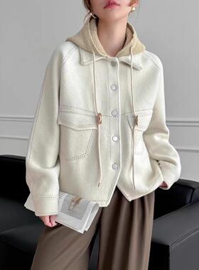 春秋新款加厚毛呢外套女宽松显瘦百搭休闲连帽高级感短款上衣开衫