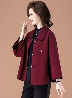 新款妈妈秋装外套中老年女时尚洋气百搭春秋上衣中年高档双面毛呢