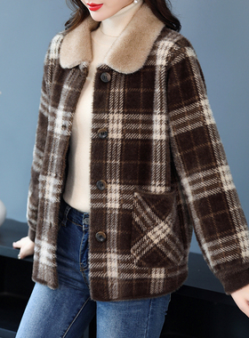 高贵妈妈冬装水貂绒外套女洋气中年女秋冬加肥加大码毛呢短款上衣