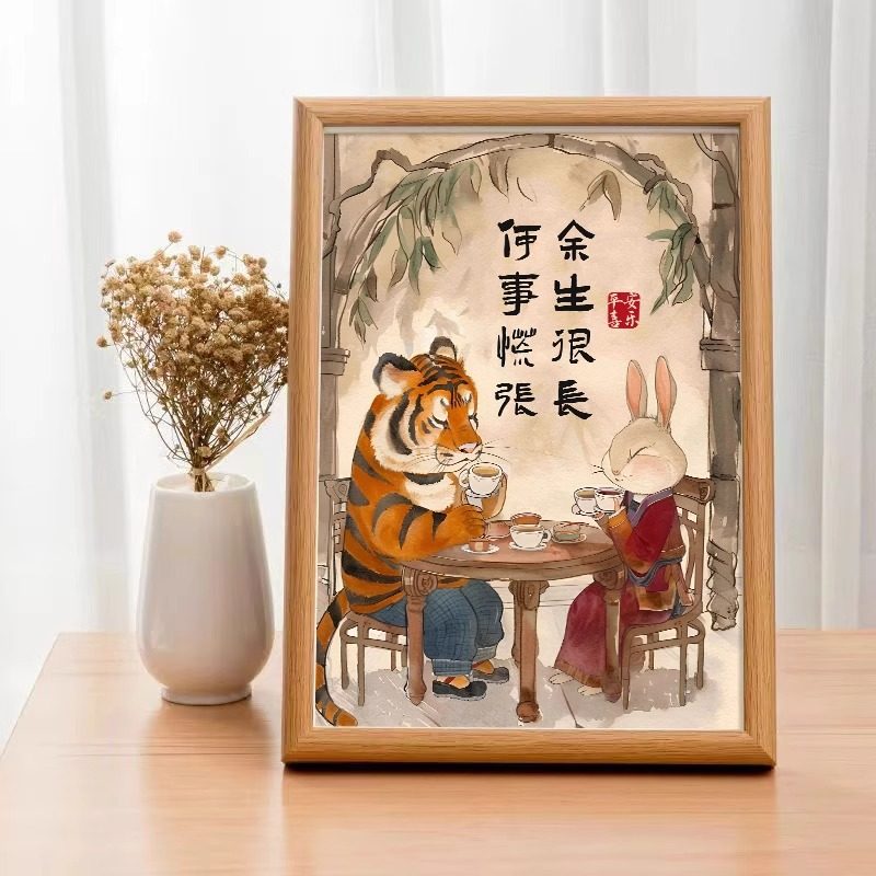 平安喜乐老虎兔子摆台字画