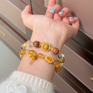 白水晶黄水晶手链老山檀文玩手串配饰大全招财转运暴富饰品女士款