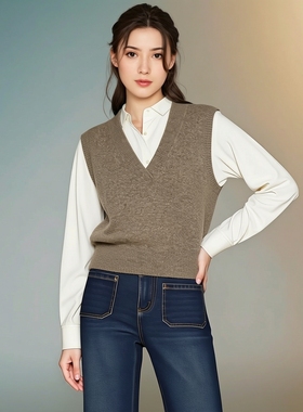 衣莎美诺春秋冬百搭纯羊毛V领马夹女马甲驼色背心宽松Y069C2101