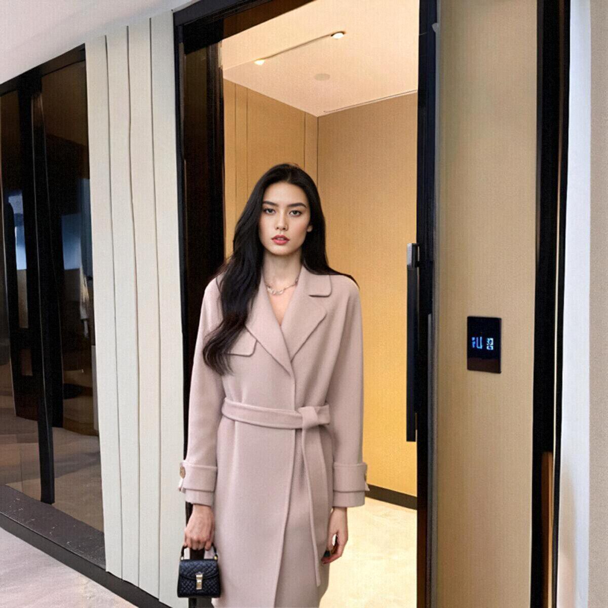 冬大衣女简约优雅腰带羊毛呢外套百搭高端小个子粉色64084121