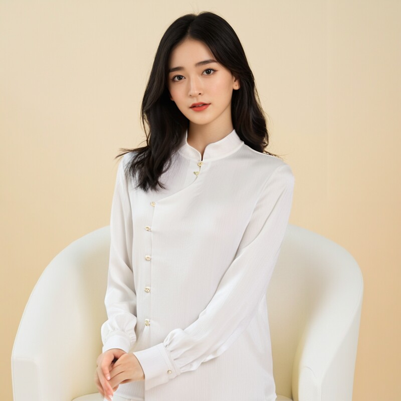 衣莎美诺春秋国风立领百搭长袖衬衫女上衣中式粉色白色Y498C7501