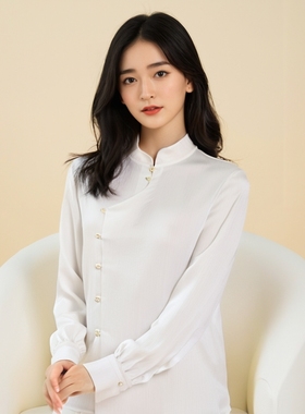 衣莎美诺春秋国风立领百搭长袖衬衫女上衣中式粉色白色Y498C7501