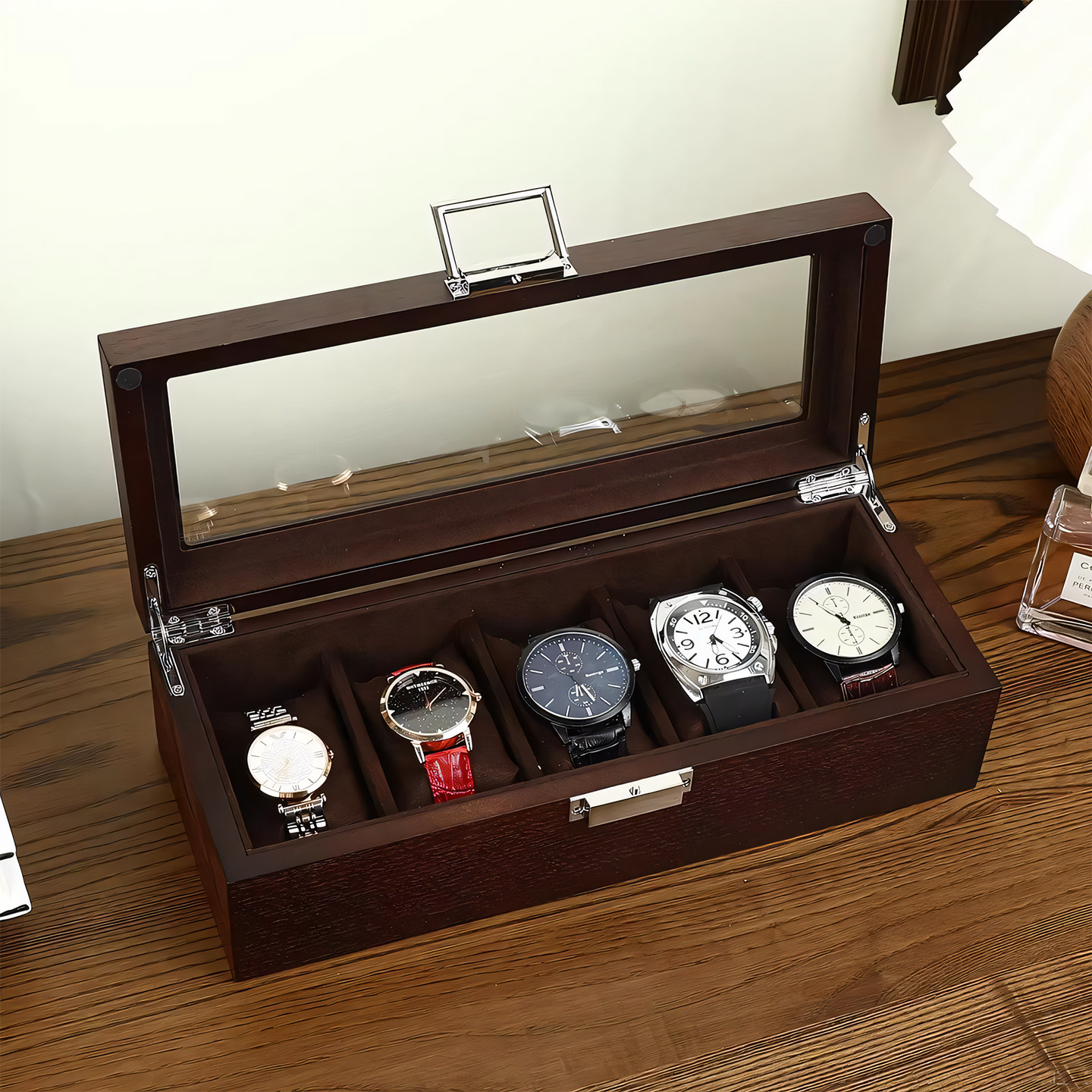 俪丽复古木质手表盒 便携式5表位腕表收纳盒 简约创意首饰展示盒,收纳整理,手表收纳盒/架/套,淘宝优惠券,粉丝福利购,淘宝优惠卷