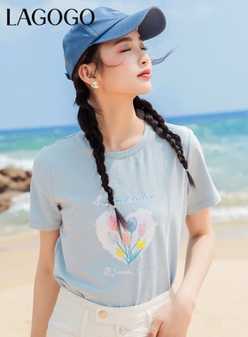 Lagogo拉谷谷2024新款浅蓝色圆领正肩女短袖学院风小个子全棉体恤