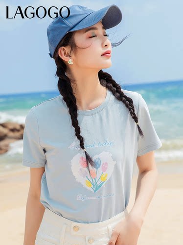 2023纯色女圆领浅蓝短袖印花体恤