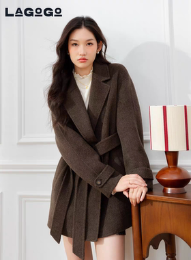全羊毛LAGOGO西装领双面呢外套女拉谷谷2025冬新款大衣OCDD439C31