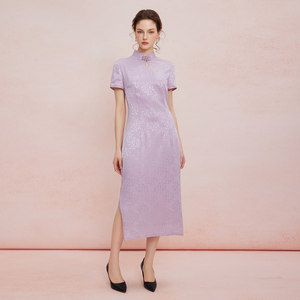 斯尔丽2025新款宴会优雅复古修身复古提花纹中长款旗开得胜旗袍