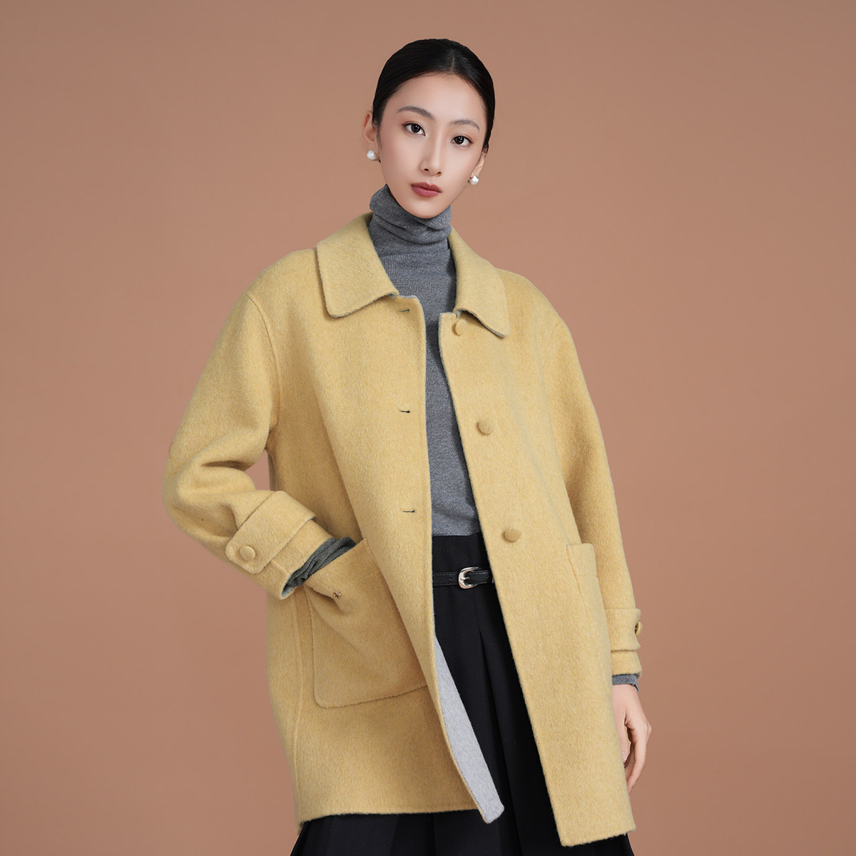 复古双面呢大衣女秋冬翻领中长款显瘦百搭毛呢外套