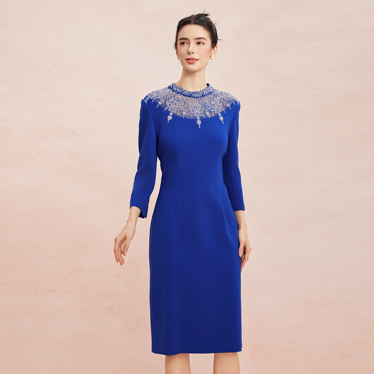 优雅气质蓝色钉珠连衣裙女修身中长款高级感礼服裙
