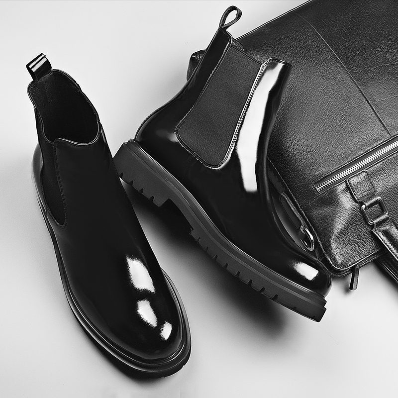 VQGT新款烟筒靴牛皮切尔西靴高帮皮鞋漆皮皮靴厚底男靴马丁靴亮面