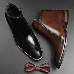 VQGT新款 男加绒 英伦商务皮靴短靴真皮马丁靴方头男靴牛皮高帮皮鞋