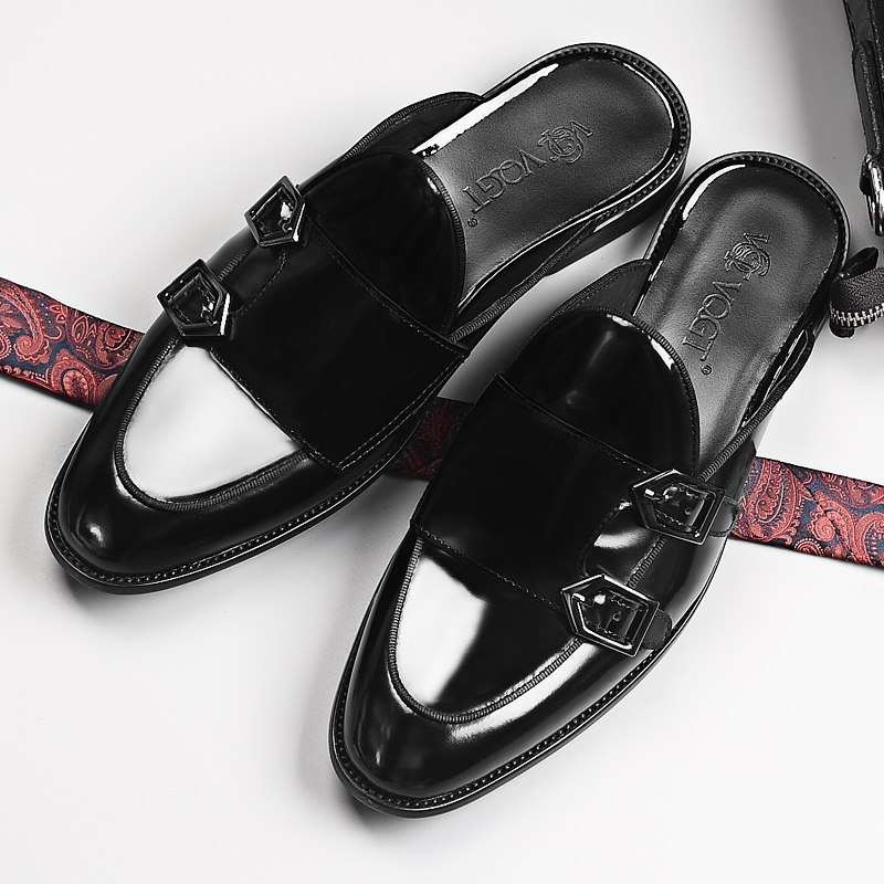 vqgt漆皮休闲一脚蹬懒人豆豆拖鞋包头真皮半拖男鞋室外牛皮拖亮面