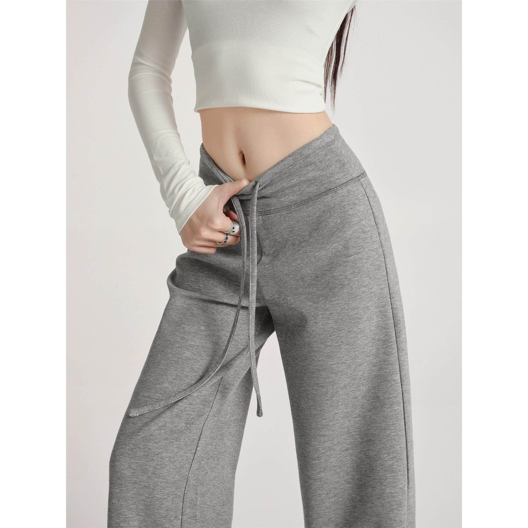 灰色糯米裤子女2025新款秋冬加绒微喇面膜休闲直筒卫裤运动阔腿裤