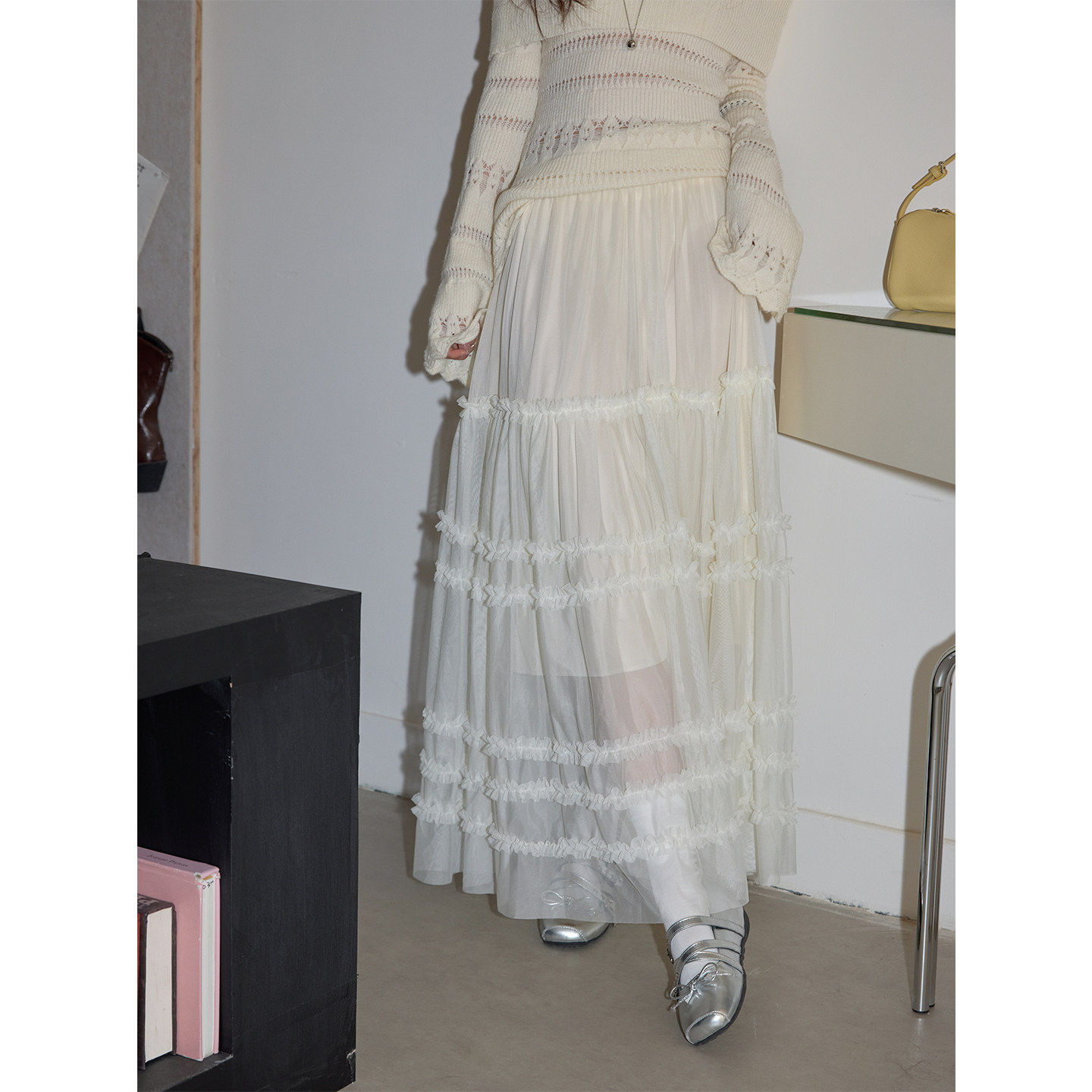 吵吵家高级感白色木耳边网纱半身裙女2026春季蛋糕蓬蓬裙A字长裙