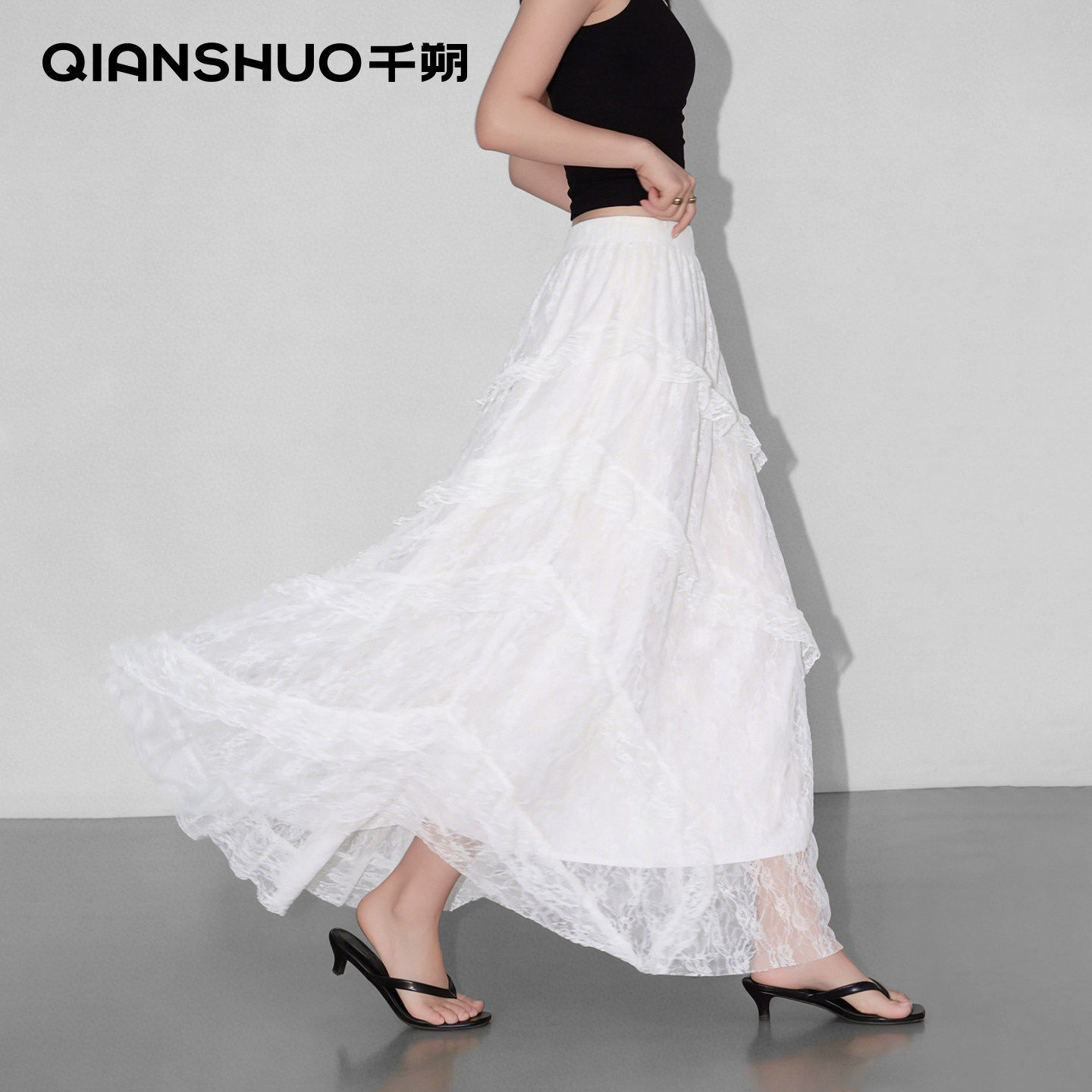 千朔不规则拼接蕾丝绝美巨好看春白色仙女a字蛋糕网纱半身裙长裙