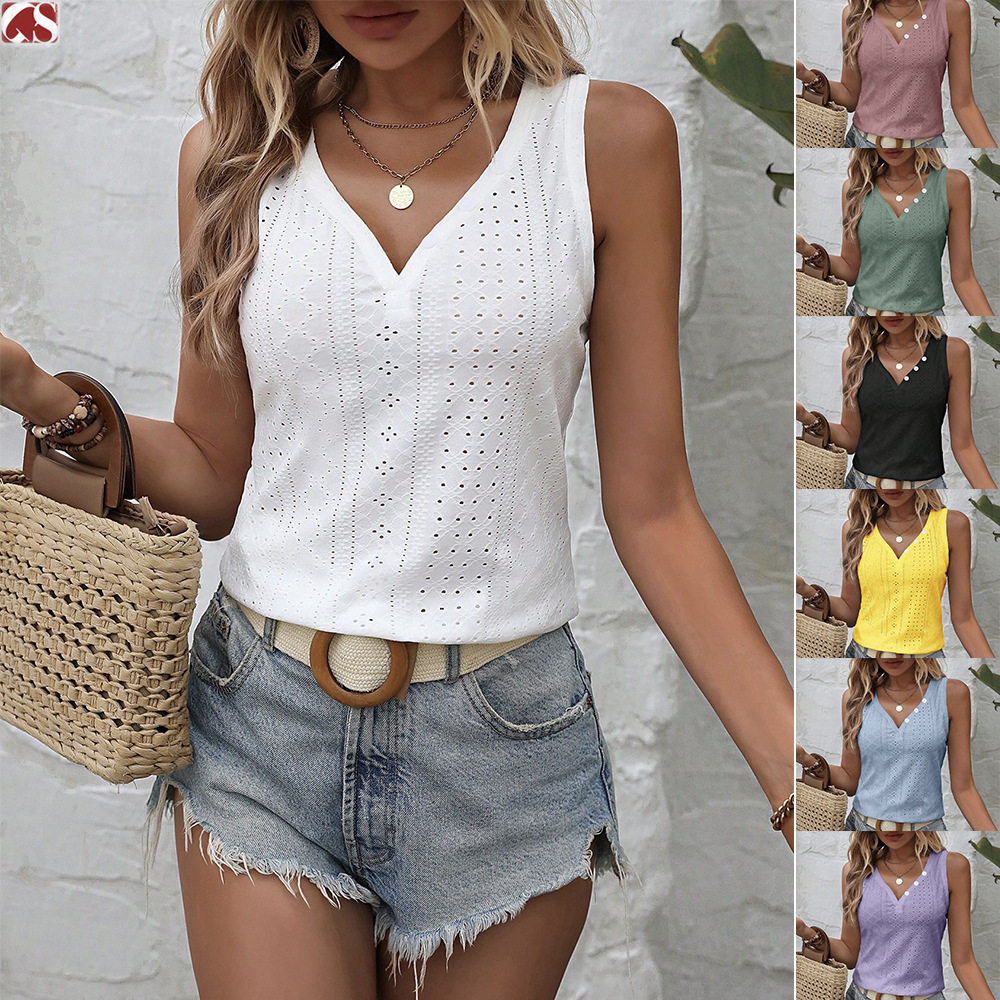 Women's V-neck cut-out sleeveless T-shirt vest 纯色V领背心女