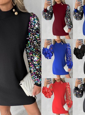 New crew-neck lace long-sleeved dress with hip wrap 连衣裙女