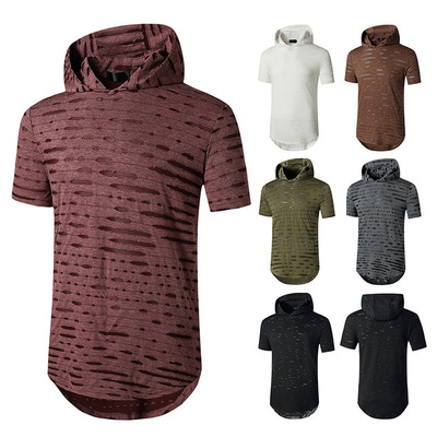 2021 Summer Men's T Short Sleeve Long Hooded Round Neck