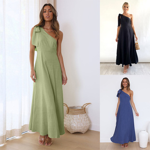 shoulder lace Solid woman oblique dress 斜肩连衣裙 color