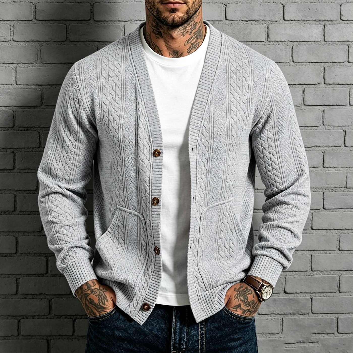男士纯色针织开衫外套 Men's solid-color casual knit jacket