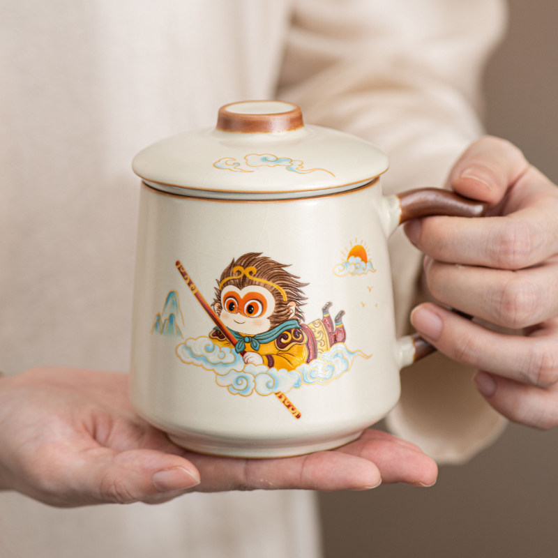 西游汝窑茶杯陶瓷带盖过滤马克杯个人专用办公室水杯泡茶杯子礼盒